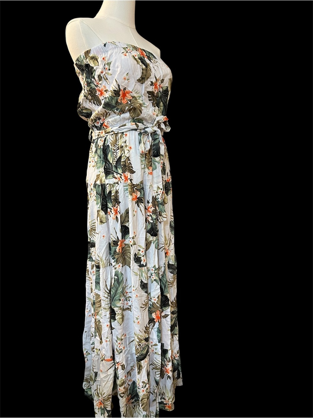 Rip Curl White Strapless Maxi Dress with Green and Orange Floral Print